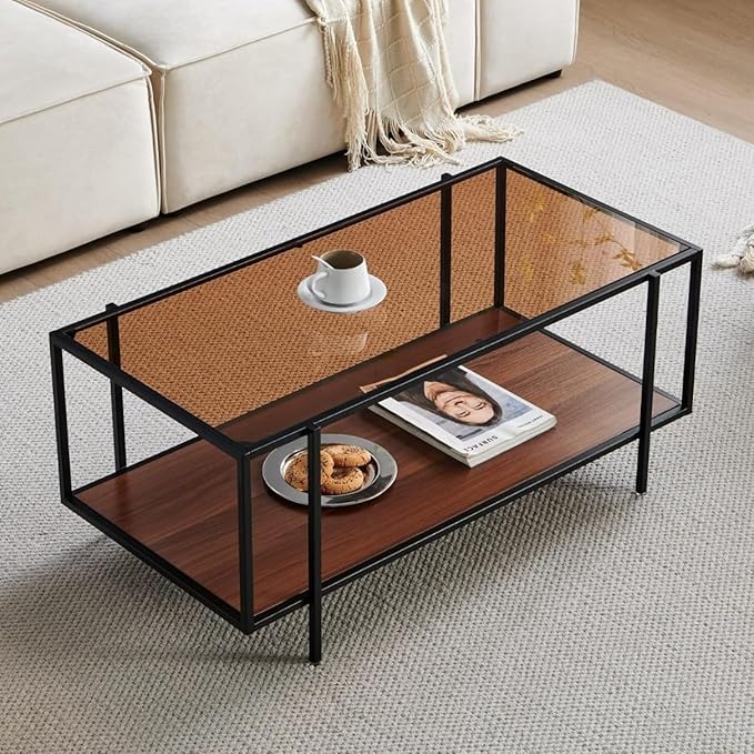 Shrine Glass Coffee Table, Modern Design, Dual-Layer Coffee Table for Living Room, Black-Plated Metal Frame, Brown Glass Top, Walnut Wood Panels