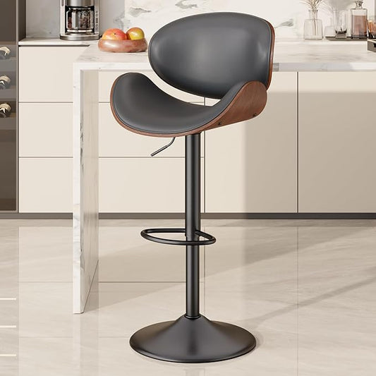 Swivel Bar Stools Set of 1, Seat Adjustable Height 23.5-32.5IN Bentwood Barstools with Back & Footrest, PU Leather Upholstered Counter Height Bar Chairs for Bar Kitchen, Grey&Brown