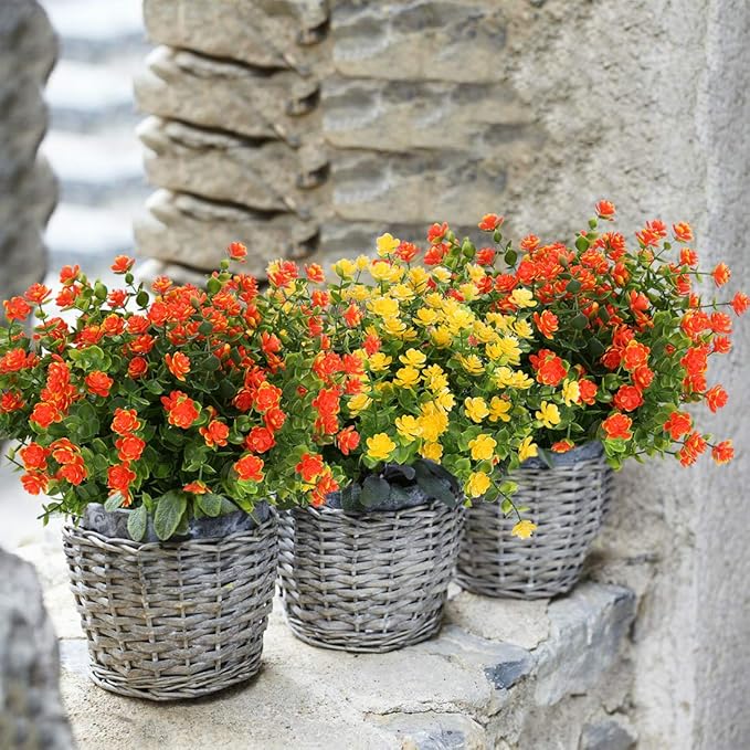 Artificial Flowers, Fake Artificial Greenery UV Resistant No Fade Faux Plastic Plants for Wedding Bridle Bouquet Indoor Outdoor Home Garden Kitchen Office Table Vase 6PCS (Orange Red)