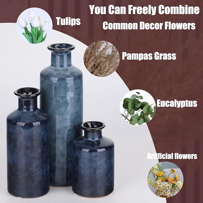 Blue Ceramic Vase Set - 3 Blue Small Vases, Farmhouse Country Flower Vase Home Decor, Living Room Decoration, Table Decoration, Fireplace Decor, and Entrance Decorations Centerpieces