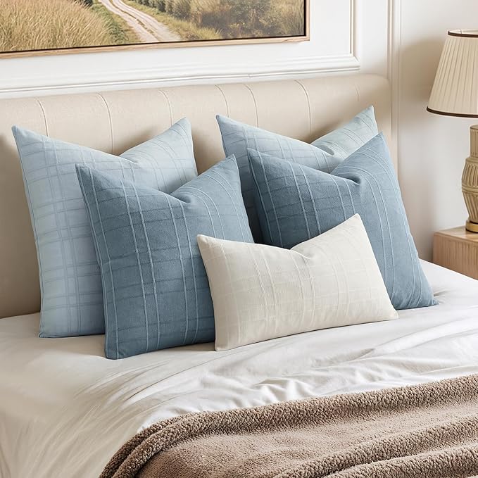 MIULEE Decorative Linen Check Euro Shams Throw Pillow Covers Neutral Farmhouse Vintage Pillow Covers 24x24 Set of 2 Boho Modern Home Decor for Sofa Couch Bedroom Cushion Coastal Blue