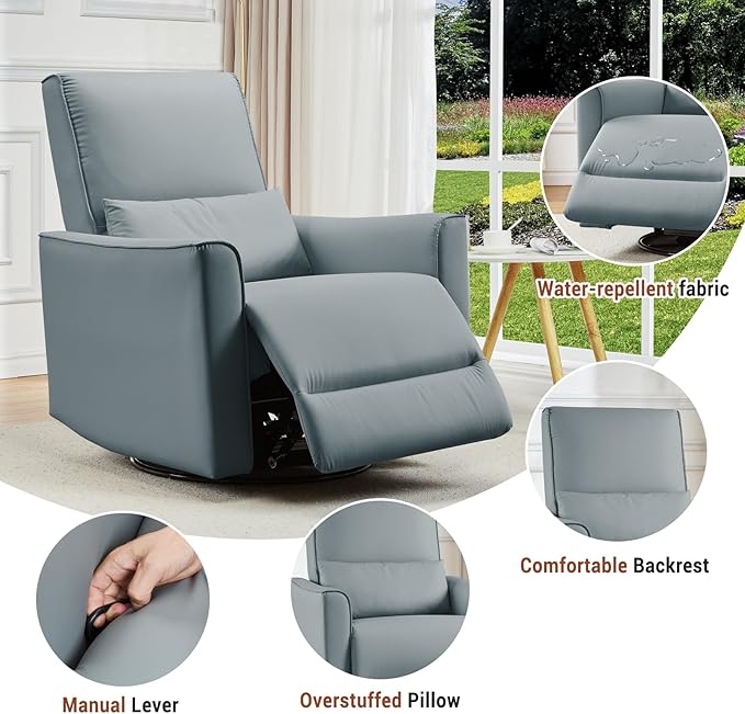GarveeHome Recliner Chair, 360° Swivel Rocker Glider Nursery Chair with Padded Armrest and Deep Seat, PU Leather Upholstered Reclining Sofa Chair for Living Room, Bedroom and Nursery (Gray)