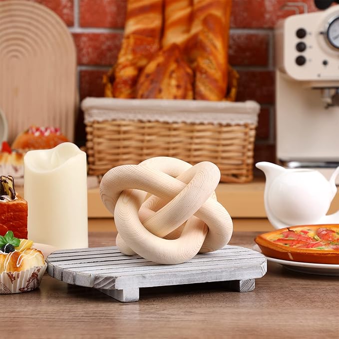 3 Link Wood Knot Decor - Hand Carved Coffee Table Decoration, Boho Chain Link Decor, Modern Shelf, Rustic Objects for Home Living Room Bedroom(Natural)