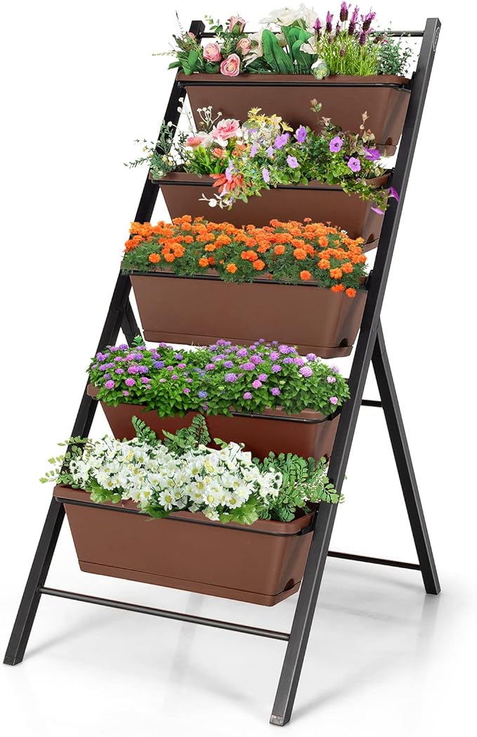 Safstar 5-Tier Vertical Raised Garden Bed, Freestanding Garden Planter with 5 Container Boxes, Elevated Planter for Vegetables, Fruits, Flowers, Herbs, Good for Indoor & Outdoor Use (Brown, 1)