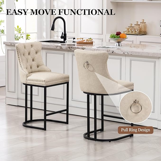 UVV Counter Height Bar Stools Set of 3, 26" Modern Barstools with Back, Faux Leather Upholstery Counter Chairs with Metal Legs for Kitchen Island, Bar, Counter, Beige