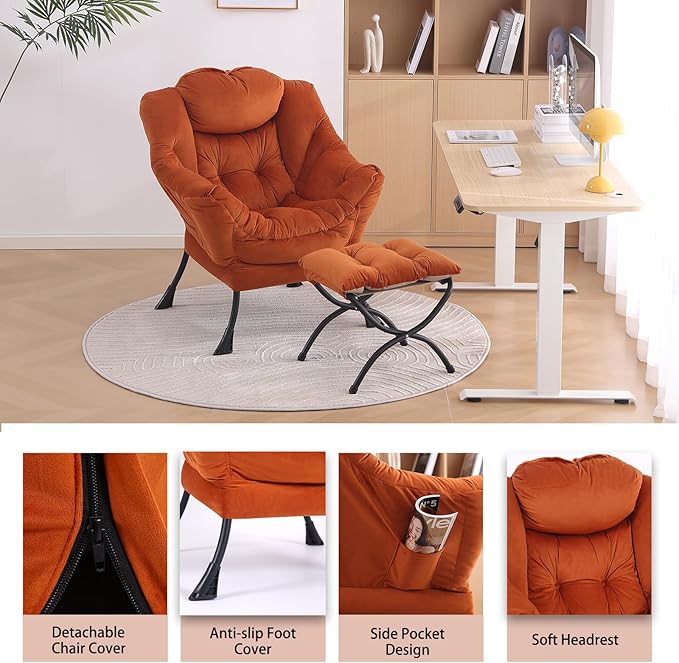 LITA Lazy Chair with Ottoman, Modern Lounge Accent Chair with Armrests and a Side Pocket, Leisure Upholstered Sofa Chair Set, Reading Chair with Footrest for Small Space, Corner Chair,Orange