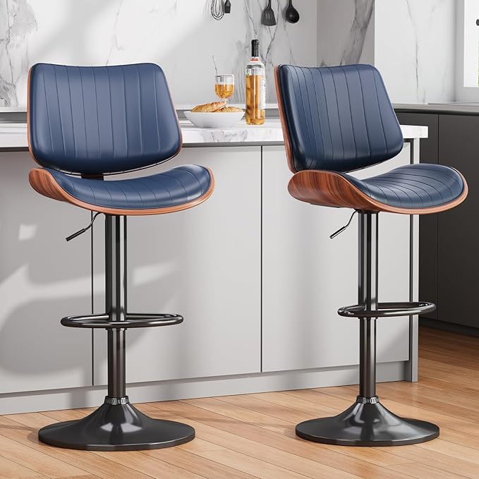 Swivel Bar Stools Set of 1, Adjustable Bentwood Barstools for Kitchen Counter, Modern PU Leather Upholstered Bar Chair with Back and Footrest, for Kitchen Island, Bar, Dining Room, Navy