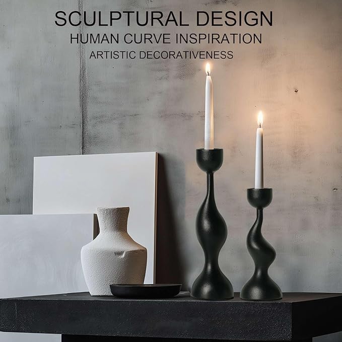 Smtyle Holloween Modern Sculptural Black Candle Stick Holders Cast-Aluminum Taper Set of 2 (7″ & 8″) Dual-Height Candlesticks for Dining Table Wedding or Home Decor