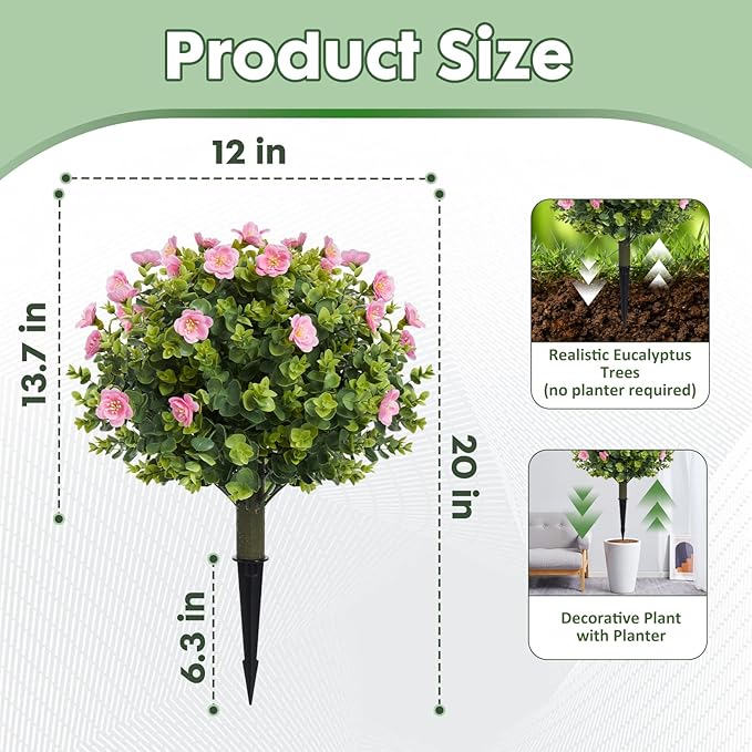 20" Artificial Camellia Topiary Ball Tree with Spike, Artificial Boxwood Shrubs Fake Bushes Set of 2, Faux Floral Flower Plant for Porch, Artificial Plants for Outdoor Indoor UV Resistant