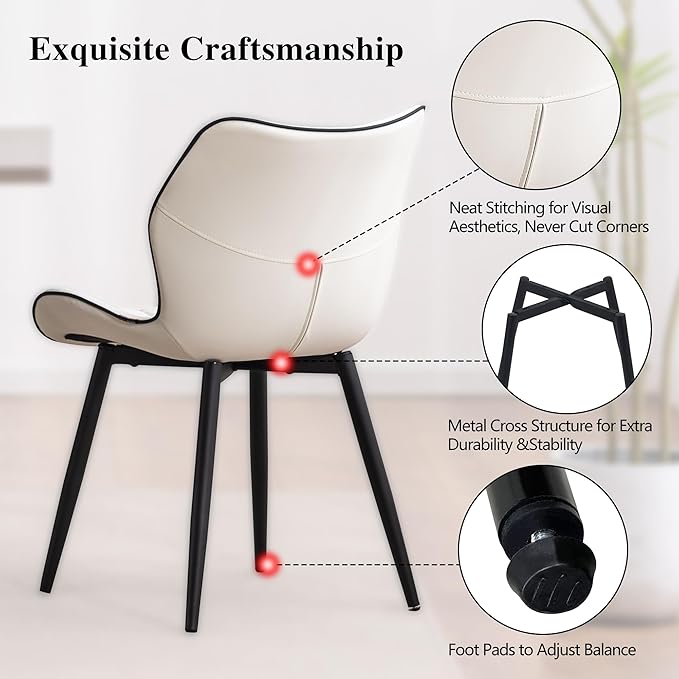 YOUNIKE Dining Chairs Set of 2, Upholstered Faux Leather Dining Room Chairs with Wide Curved Back and Adjustable Metal Legs, White