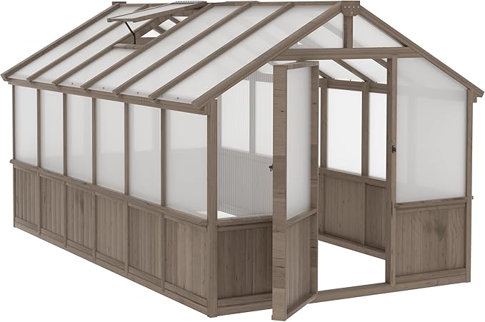 BlueWish 8x12 FT Greenhouse for Outdoors, Wood Green House with Cedar Frame & 6MM Thick Polycarbonate Panel, Walk in Greenhouse with Adjustable Vents for Outdoor, Patio, Garden, Backyard