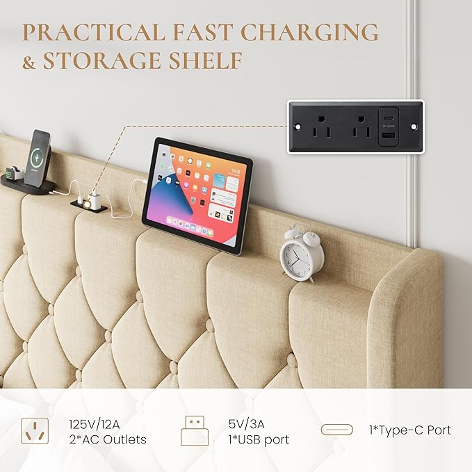 SHA CERLIN King Size Platform Bed Frame with Charging Station, Velvet Wingback Headboard with Storage Shelf, Wooden Slats Support, Ample Under-Bed Space, No Box Spring Needed, Easy Assembly, Beige
