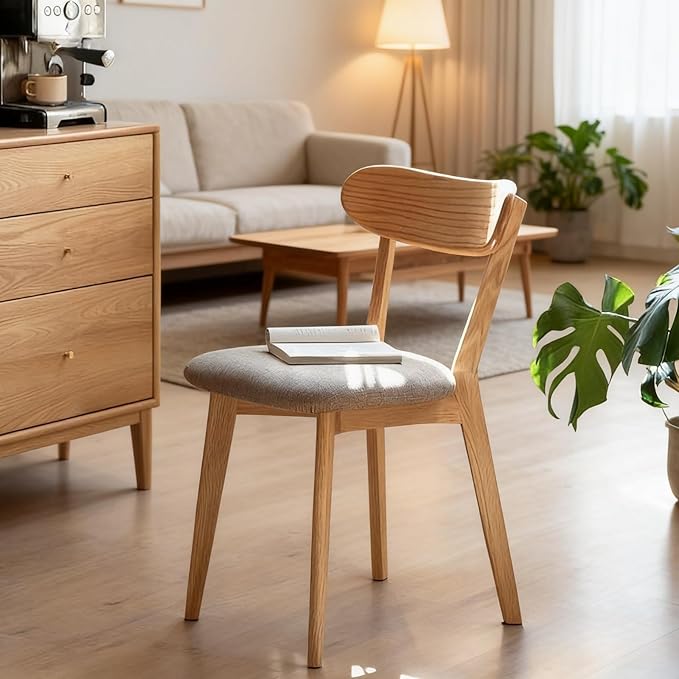 100% Solid Oak Wooden Dining Chairs - Practical Kitchen Chairs with Upholstered Cushion - Wood Chairs Set of 2 for Dining Room, Kitchen (2, Natural with Grey Cushion)