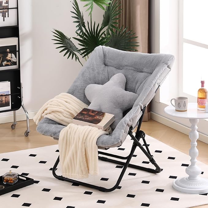 Welnow Comfy Saucer Chair, Oversized Folding Reading Chair for Adults with Throw Pillow Soft Faux Fur Lounge Chair for Bedroom Furry Accent Chair for Living Room, Dorm Rooms, Grey