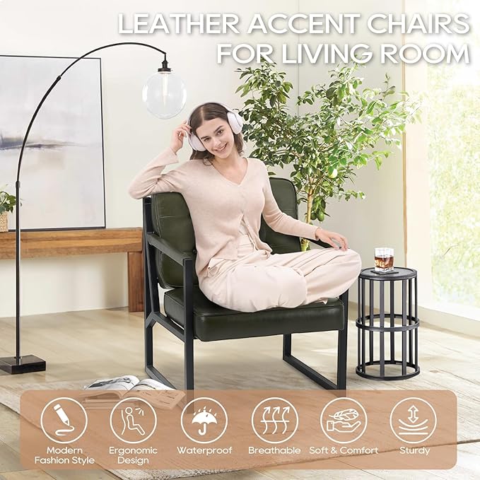 COLAMY Accent Chairs Set of 2, Modern Accent Arm Chairs for Living Room, Comfy Leather Armchairs with Metal Legs for Reception Waiting Room Office Lobby, Green