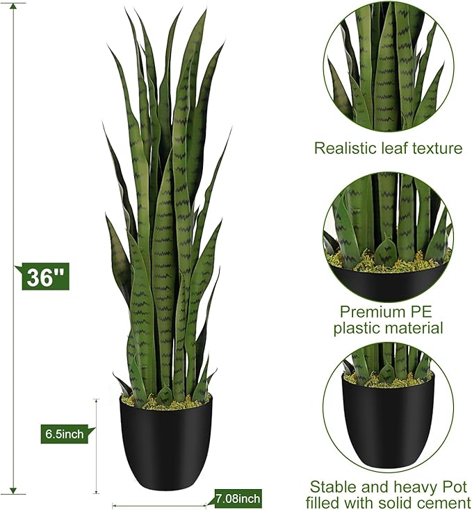 3ft Artificial Snake Plant – 36in Faux Sansevieria Plants, Fake Floor Plant for Indoor Outdoor, Front Porch Patio Home Office Decor, Mother-in-Law’s Tongue, Green 1Pcs