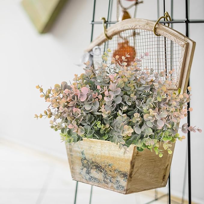 RECUTMS 8 Bundles Artificial Greenery Plants Stems Outdoor Fake Eucalyptus Plants Boxwood Bushes for Farmhouse Bathroom Office Vase Centerpiece Indoor Outdoor Decoration(Dusty Pink)