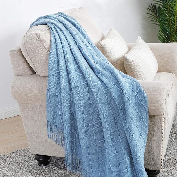 BOURINA Blue Throw Blanket 60x80 Inches Throw Textured Solid Soft Sofa Throw Couch Knitted Decorative Blanket