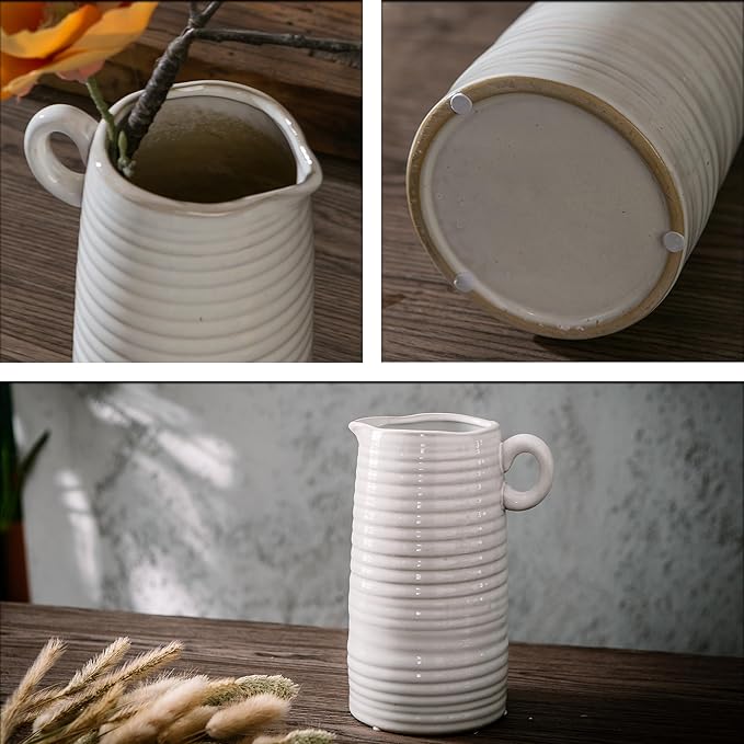 White Ceramic Vase with Small Handle, Modern Farmhouse Pitcher, Milk Jug for Home Decor, Rustic Textured Pottery, Glazed Decorative Centerpiece