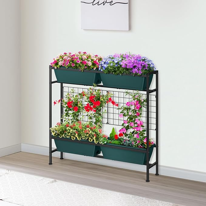 Raised Garden Beds 32.4" Tall Vertical Planter Boxes with Trellis Standing Herb Garden Planter Outdoor with Metal Fences Legs for Small Climbing Plant Gardening Vegetables Patio Balcony Porch, Green