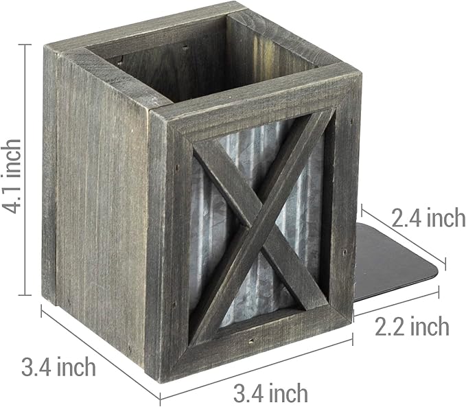 MyGift Vintage Gray Wood Decorative Bookends with Corrugated Galvanized Metal Accent, Desktop Book Ends with Pen Holder Pencil Cup Stationery Storage Bins for Home Office, Classroom, Dorm Room, 1 Pair