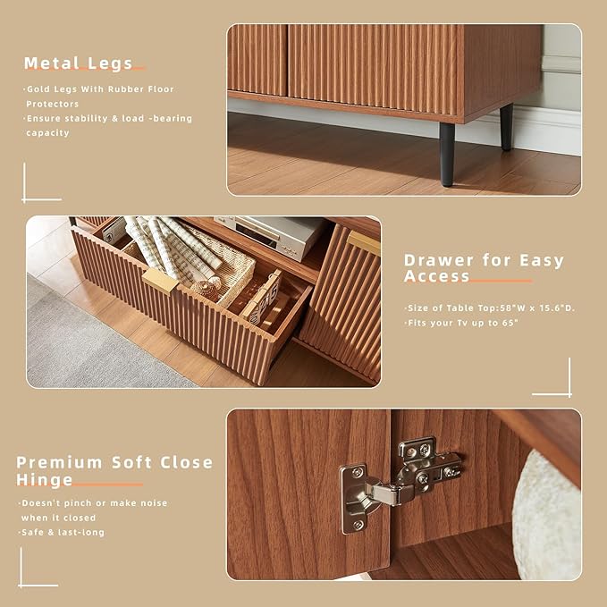 Okvnbjk Modern TV Stand for 65 Inch TV, Fluted TV Consoles for Living Room, Media Console with Soft Hinge & Drawer, Wood Entertainment Center with Storage, Mocha