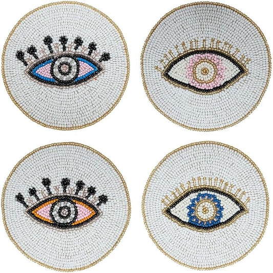 Folkulture Beaded Coasters for Drinks | Set of 4 (4") Round Decorative Bar Coaster for Table Décorations or Coffee Table | Cute Boho Coasters | Set of 4 Evil Eye Decor Gifts for Her