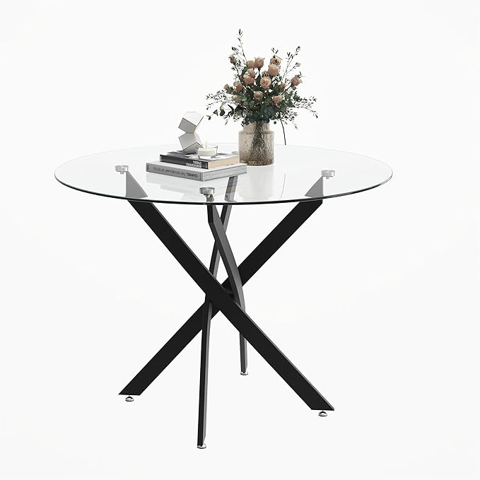 Round Glass Dining Table with Crossed Metal Legs, 31.5" Modern Glass Kitchen Table for Dining Room Kitchen, Black