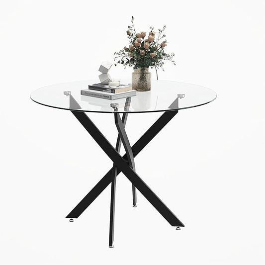 Round Glass Dining Table with Crossed Metal Legs, 31.5" Modern Glass Kitchen Table for Dining Room Kitchen, Black