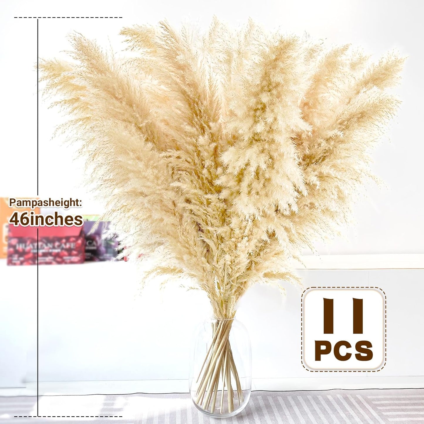 46" inch 11 Stems Natural Pampas Grass Tall Decor,Pompas Grass,Large Beige Tall Pampas Grass for Floor Vase,Wedding Decorations,Party,Boho Home Decor,and Creating a Boho Ambiance