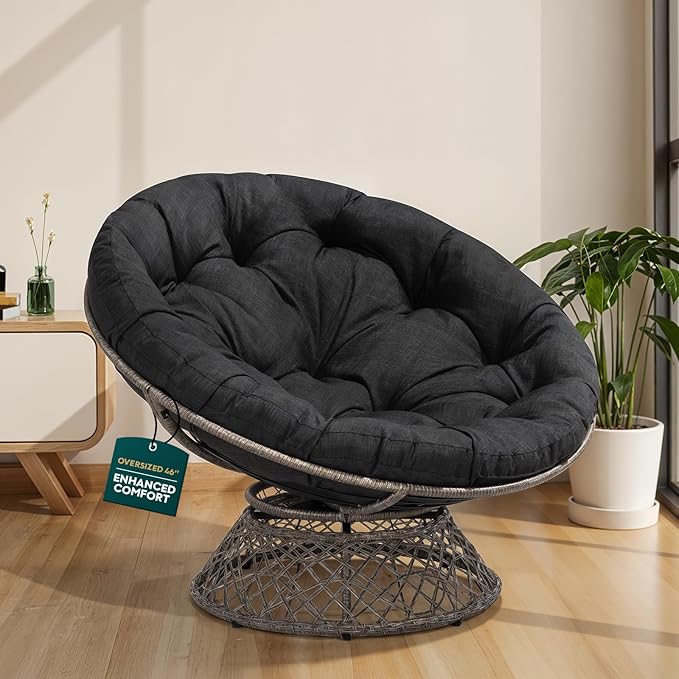 Bme 46" Large Size Ergonomic Wicker Papasan Chair with Soft Thick Density Fabric Cushion, Bee-Designed Base, High Capacity Steel Frame, 360 Degree Swivel for Living, Bedroom,...