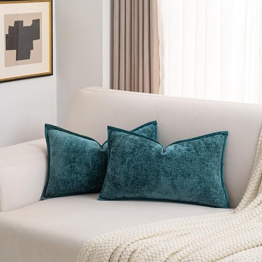FUTEI Teal Chenille Throw Pillow Covers 12x20 Inch Set of 2,Soft Cozy Bound Edge Design Lumbar Pillow Cases,Home Decor for Couch Bed Living Room