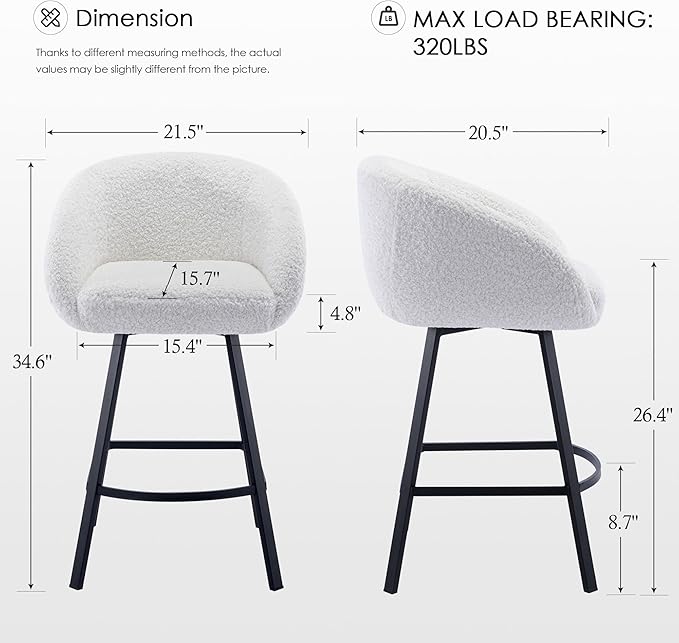 Zesthouse Swivel Counter Height Stool, Modern Single Bar Stool for Kitchen Island, 26'' White Sherpa Kitchen Counter Height Chair with Barrel Arms & Back, Upholstered Fabric Bar Chairs with Metal Legs