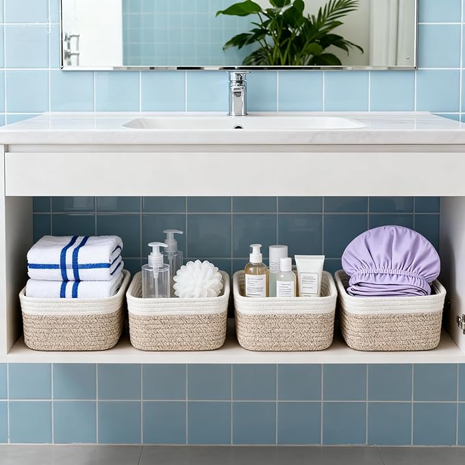 4-Piece Storage Shelf Basket Set, Natural Cotton Rope Woven Basket with Handle, Decorative Rectangle Organizer Bin for Home, Nursery, Montessori, Pet Toy Storage and Bathroom Organization, White&Brown