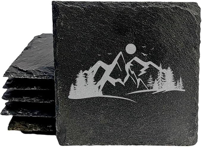 Mountain Majesty Slate Coasters with Stunning Mountain Scene Design - Perfect for Home and Office Decor and Protection of Surfaces, Available in Square or Round Coasters - Square Slate - Set of 4