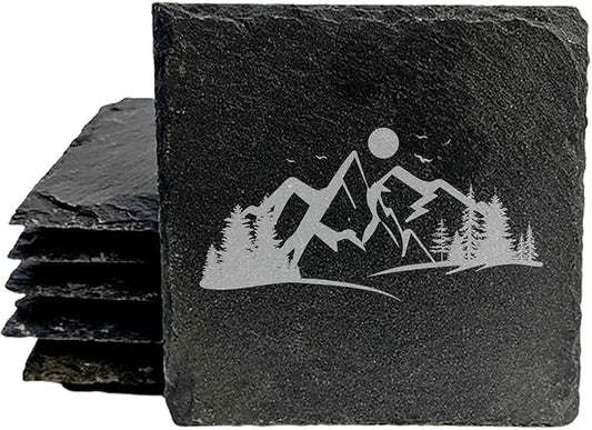 Mountain Majesty Slate Coasters with Stunning Mountain Scene Design - Perfect for Home and Office Decor and Protection of Surfaces, Available in Square or Round Coasters - Square Slate - Set of 4
