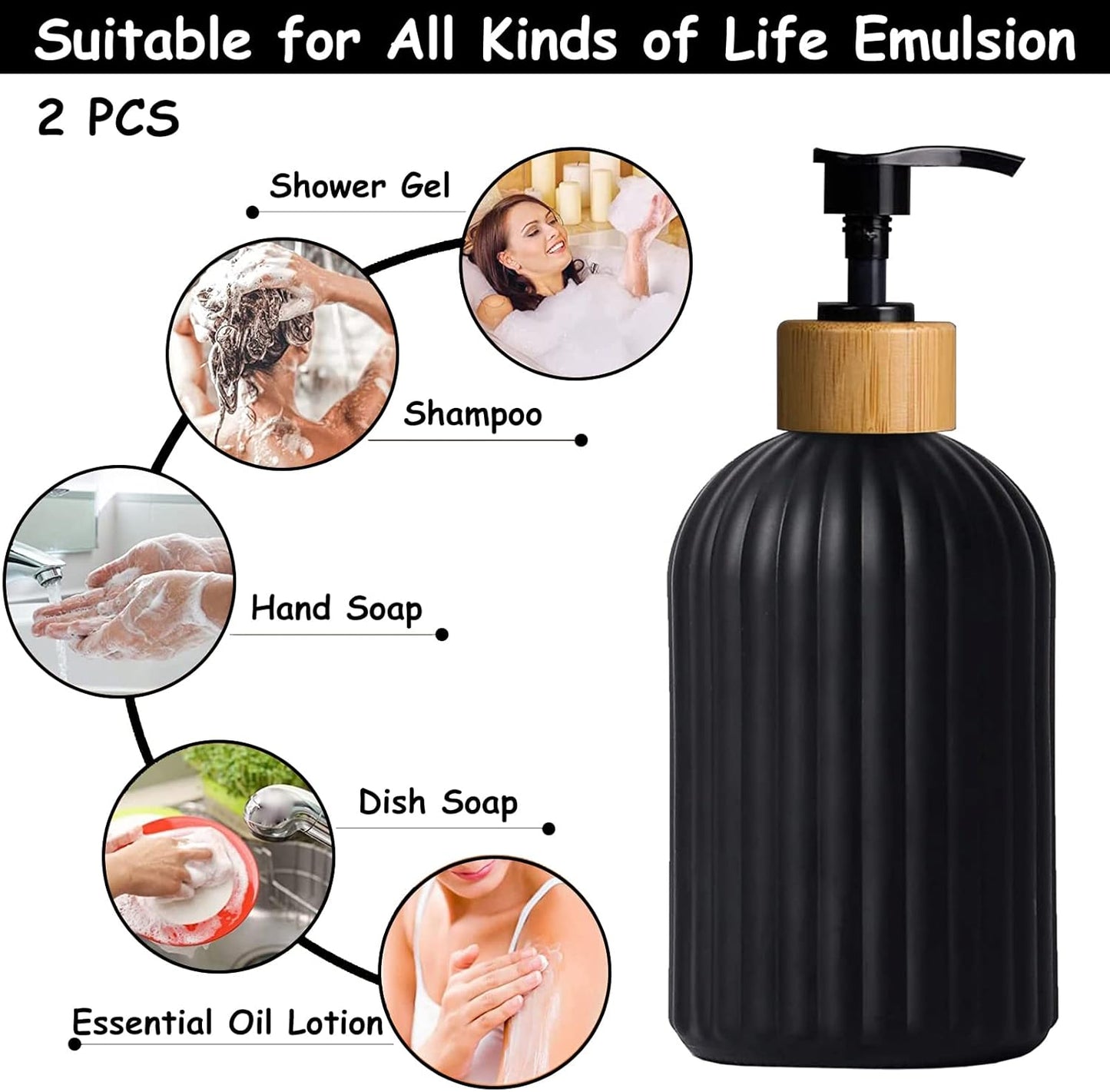 Black Glass Soap Dispenser Set with Bamboo Pump, 13.5oz Refillable Liquid Hand Soap Dispenser, Lotion Dish Soap Dispenser for Modern Home Decor, Bathroom, Kitchen Countertop, Hotel(2 Pack)