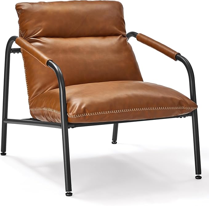 VASAGLE EKHO Collection - Accent Chair, Metal Framed Armchair, Synthetic Leather with Stitching, Mid-Century Modern, Sling Chair for Living, Bedroom, Reading Room, Lounge, Caramel Brown ULAC014K01
