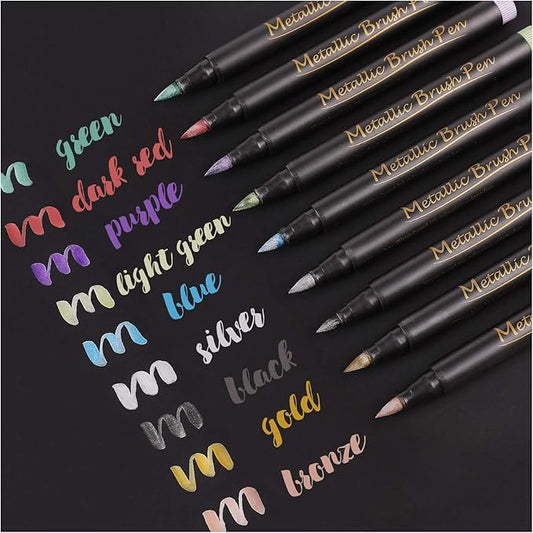 Dyvicl Metallic Brush Marker Pens - Metallic Pens Art Markers for Calligraphy, Brush Lettering, Black Paper, Rock Painting, Card Making, Scrapbooking, Fabric, Metal, Ceramic, Wine Glass, Set of 9