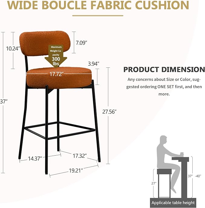 DYHOME Bar Stools Set of 2, Burnt Orange 28 Inches Counter Height Bar Stools, Modern Boucle Upholstered Barstools with Back for Kitchen Island, Bar