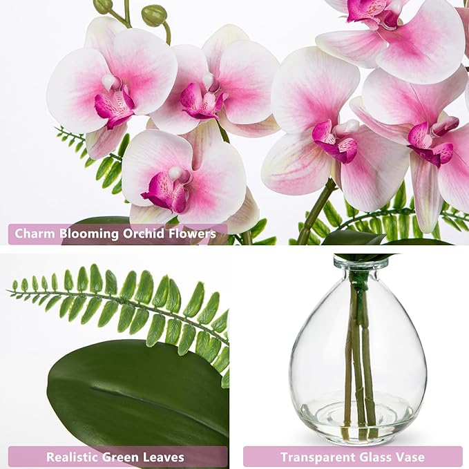 Pink Orchids Artificial Flowers, Faux Orchid in Glass Vase Real Touch Small Phalaenopsis Orchid Flowers Arrangements with Clear Vase Orchid Centerpiece for Dining Room Table