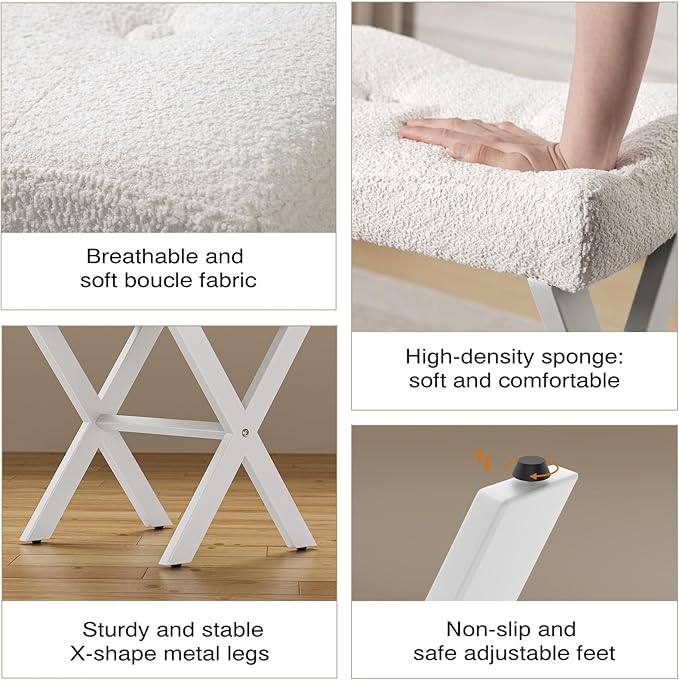 18-Inch Vanity Stool Chair, Vanity Bench with Metal X-Legs, Ottoman Accent Stool with Breathable and Soft Boucle Fabric Saddle Seat, White