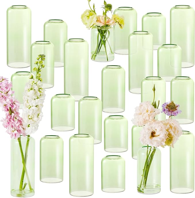 24Pcs Bud Vases Set, Glass Flower Vase for Centerpieces, Small Vases for Flowers, Decor Centerpiece for Bathroom, Decorative Vases for House Warming(Green)