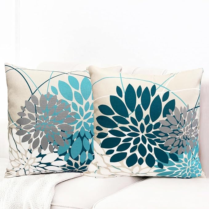 Teal Blue Decorative Throw Pillow Covers 16x16 Inch Pillow Covers for Couch Living Room Bedroom Outdoor.Modern Sofa Throw Pillow Cover.Farmhouse Geometric Floral Linen Square Pillow Case.Set of 2