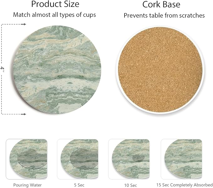 Set of 6 Sage Green Abstract Onyx Marble Coasters with Holder, Absorbent Ceramic Drink Coasters for Table Protection, Coffee Table Decor