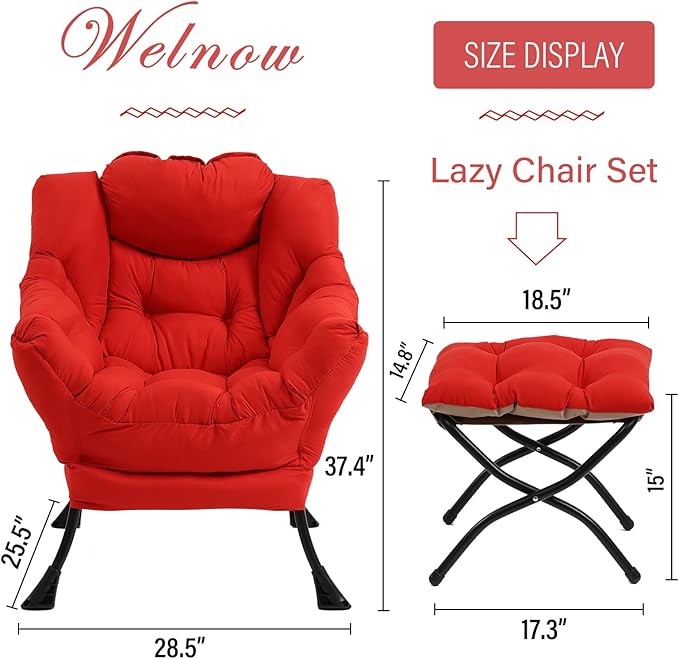 Welnow Lazy Chair with Ottoman, Modern Lounge Accent Chair with Armrests and a Side Pocket, Leisure Sofa Armchair Set, Reading Armchair with Footrest for Small Space, Red