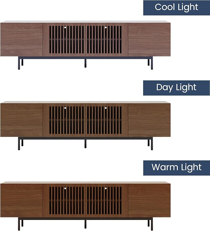POVISON Mid Century Modern Sintered Stone TV Stand, Slatted Media Console TV Cabinet with Tall-cast Metal Legs, Fluted Entertainment Center with Storage, Fully-Assembled (Walnut, 78.74")