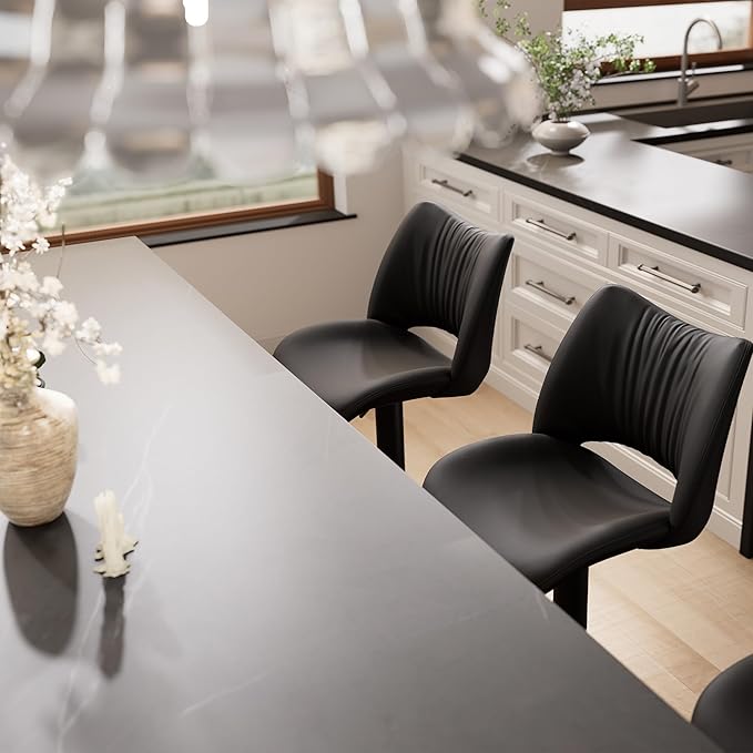 YOUNIKE Modern Bar Stools Set of 2, Black PU Leather Upholstered Barstools, Swivel Adjustable Armless Counter Stool, Ergonomic Hollow Mid Backrest Bar Chair for Kitchen Island, Home Bar Counter