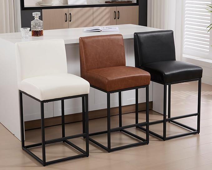VESCASA Faux Leather 27 inches Counter Height Bar Stools with Padded Back, Modern Upholstered Counter Stool Chairs with Black Metal Frame for Kitchen Island, Set of 4, White