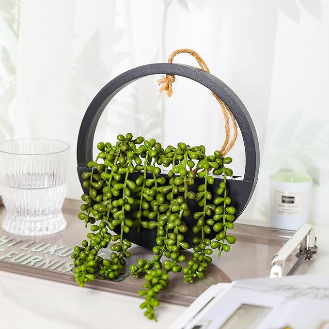 Floweroyal 2pcs Artificial Succulents Hanging Plants 12.2'' Fake String of Pearls in Pot with 8.3'' Lanyard for Indoor Outdoor Wall Decor (Black).